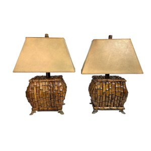 1980s Chinoiserie Asian Safari Style Rectangle Bamboo Table Lamps - a Pair