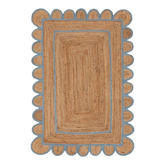 Light Blue Scallop Jute Hand Made Rug - 6'x9' For Sale