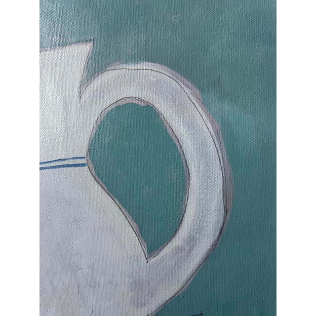 Tina Shenk. Still Life Painting 27.6" X 27.6", White Teapot, Orange Fruit, Modern Teal & Green Still Life, Handmade Canvas For Sale - Image 4 of 4