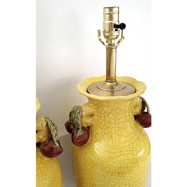 Metal Lamps Chinese Crackled Yellow Pomegranate Pair For Sale - Image 7 of 14