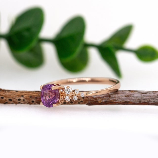 Purple Sapphire W Earth Mined Diamonds Ring in 14k Solid Rose Gold | Ov 6x4mm For Sale - Image 4 of 7