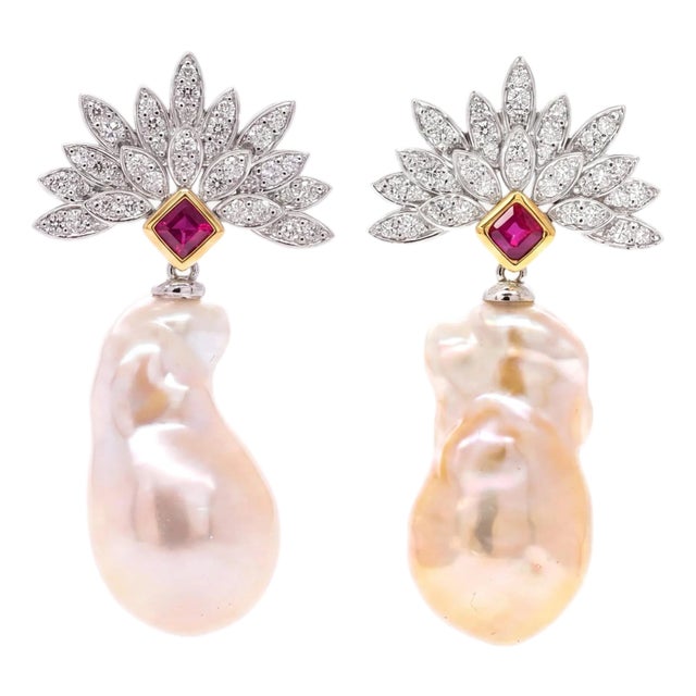 Diamond, Ruby and Baroque Pearl Platinum Drop Earrings - Fei Liu, Pair For Sale