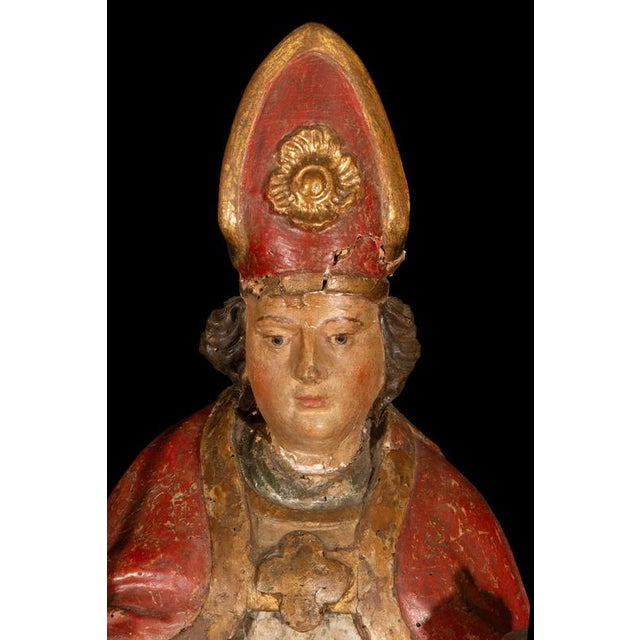 Spanish Baroque Artist, Carved Statue of Saint Bishop, Traditionally Saint Rupert, 1750, Wood For Sale - Image 6 of 10
