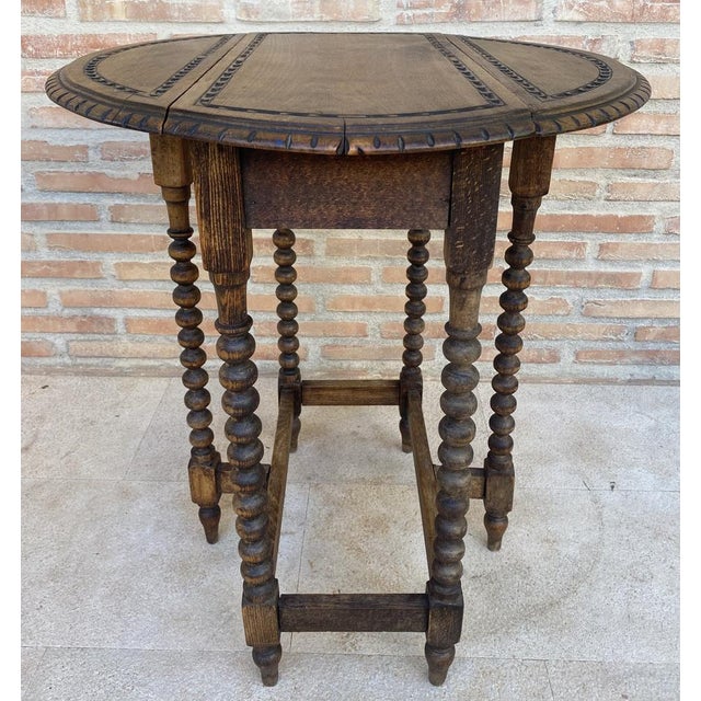 Round Folding Center Oak Table with Carved Top and Solomonic Legs, 1940s For Sale - Image 15 of 15