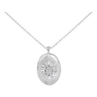 Sterling Silver 3/8 Cttw Diamond Puffed Oval Medallion Pendant Necklace For Sale