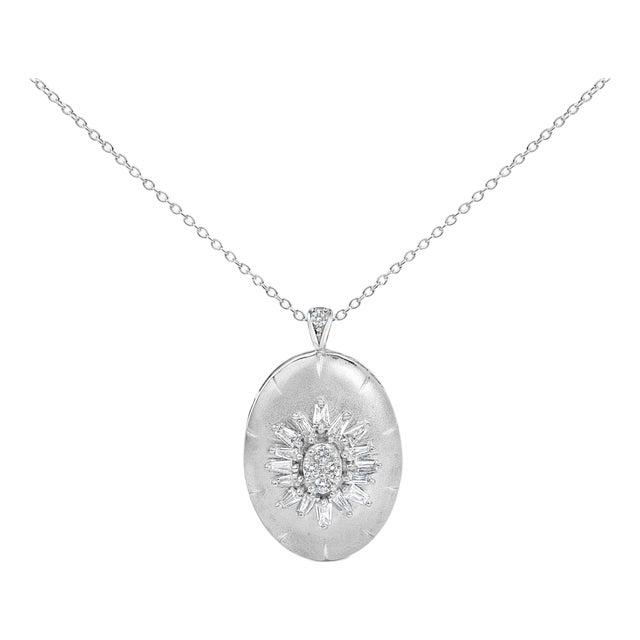 Sterling Silver 3/8 Cttw Diamond Puffed Oval Medallion Pendant Necklace For Sale