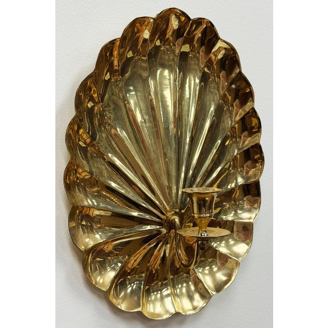 Pair of vintage Hollywood Regency style shell or fan motif wall candle sconces. Grand scale with great presence! Scrolled...