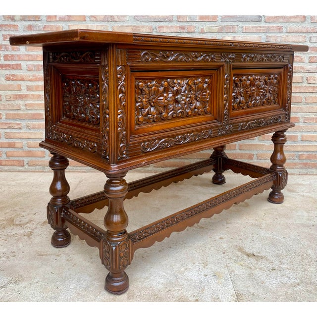 Spanish Carved Wood Sideboard With Floral Decoration, Mid-20th Century For Sale - Image 11 of 18