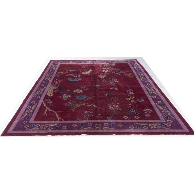Antique Circa 1920's Burgundy Chinese Art Deco Hand Knotted Rug 9' X 11'6 For Sale - Image 12 of 12