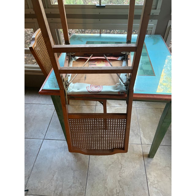 Vintage Mid-Century Leg-O-Matic Folding Game Table & 3 Cane Back Chairs Set (Mcm / Coastal Chess & Checkers) For Sale - Image 14 of 18