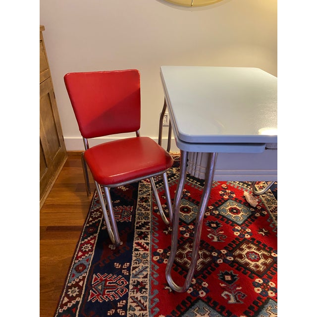 1940s Powder Blue Enamel Dining Table With Hairpin Legs + 2 Red Leather Chairs For Sale - Image 4 of 6