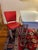 1940s Powder Blue Enamel Dining Table With Hairpin Legs + 2 Red Leather Chairs For Sale - Image 4 of 6