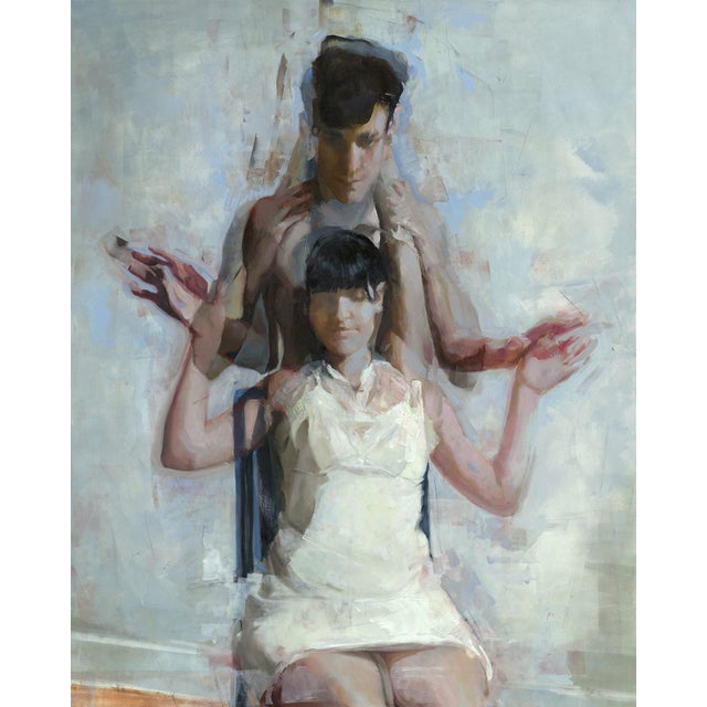 Dive by Jane Radstrom | Oil on Cradled Panel Painting of a seated couple with abstract forms. For Sale