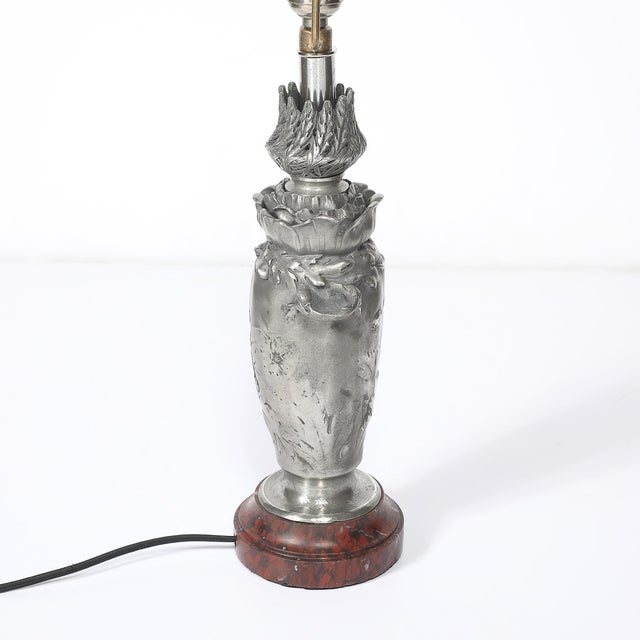 Art Nouveau Rosso Levanto Marble Base & Pewter Table Lamp Signed E. Lelièvre For Sale - Image 16 of 16