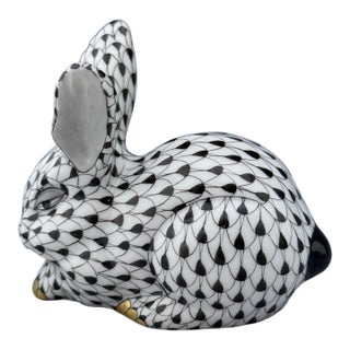 Vintage MCM Herend Sleepy Bunny Rabbit Black Fishnet Figurine For Sale