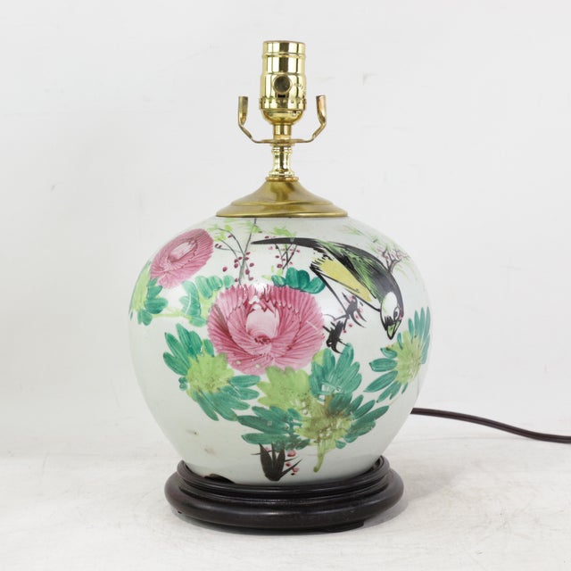 Famille Rose Antique Porcelain Vase Lamp With Bird and Floral Motif on Wood Base For Sale - Image 15 of 15