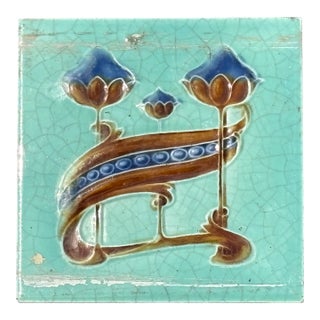 Early 20th C. English - Market Turquoise / Old Gold Ceramic Tile For Sale