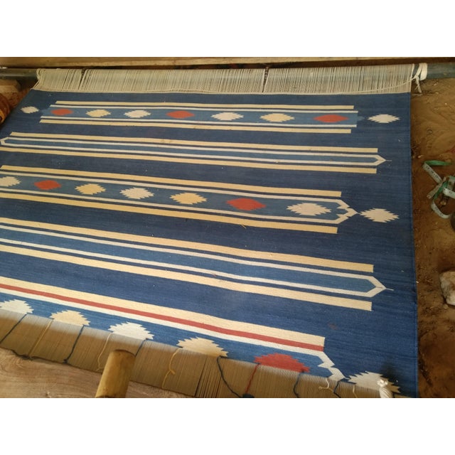 Textile Handmade Cotton Area Rug, Vegetable Dyed, Indigo Blue, Cream and Terracotta Striped Dhurrie -6'x9' For Sale - Image 7 of 13