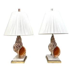 Vintage French Conch Shell Brass Marble Table Lamps - a Pair