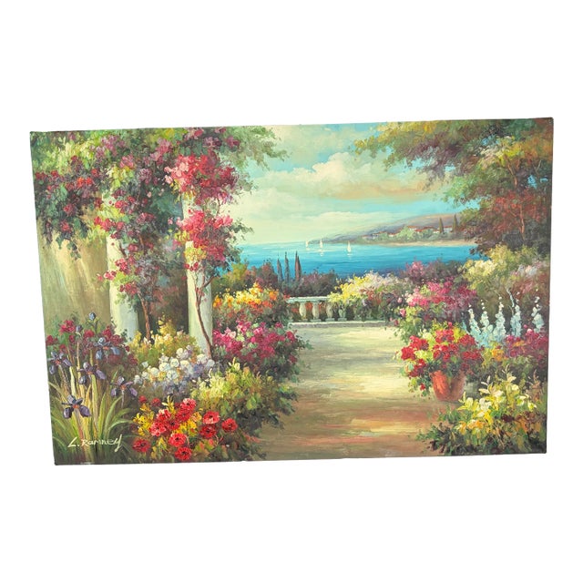 Vintage Italian Lake Como Oil Painting, Large Mediterranean Villa Garden Canvas Art 36" X 24" For Sale