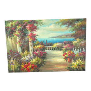 Vintage Italian Lake Como Oil Painting, Large Mediterranean Villa Garden Canvas Art 36" X 24"