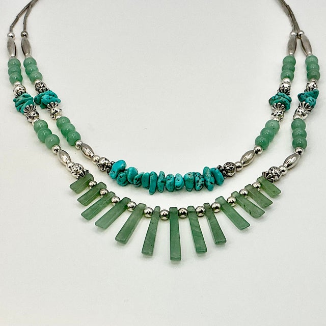 1970s Vintage Southwestern Mexican Boho Chic Double Strand Sterling, Turquoise & Jade Necklace For Sale - Image 11 of 18