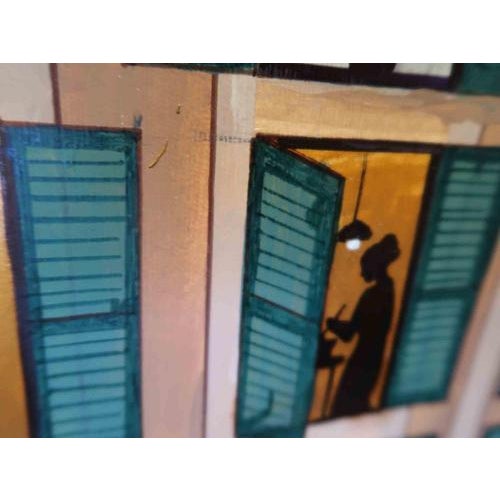 This captivating contemporary acrylic painting by Anna Maria Caboni presents the illuminated façade of an apartment...