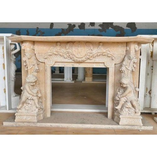 A masterful work of sculpture and architecture, this enchanting hand-carved fireplace mantle features a whimsical and...