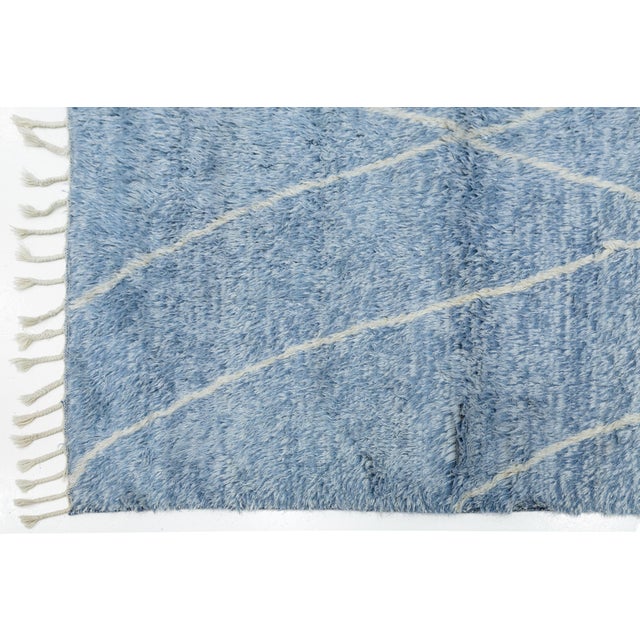 Blue Handmade Moroccan Style Wool Rug With Soft Lattice Geometric in Denim Blue 8x10 For Sale - Image 8 of 12