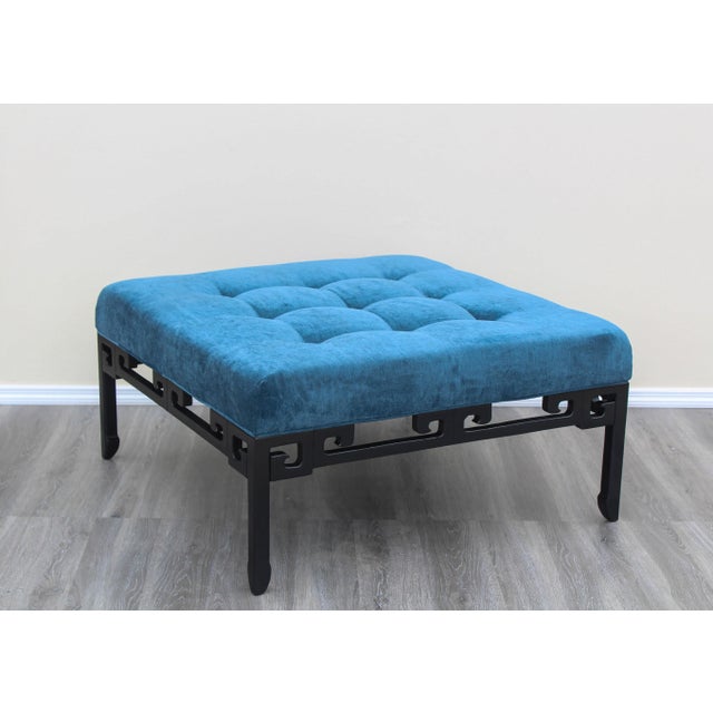 Wood Mid Century Ottoman With Blue Velvet Top For Sale - Image 7 of 7