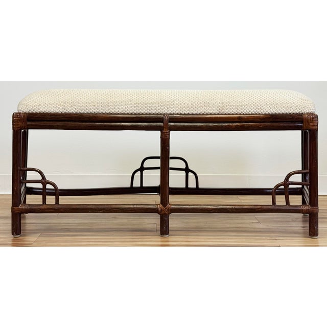 Vintage Upholstered Chinoiserie Style Rattan Bench For Sale - Image 9 of 15