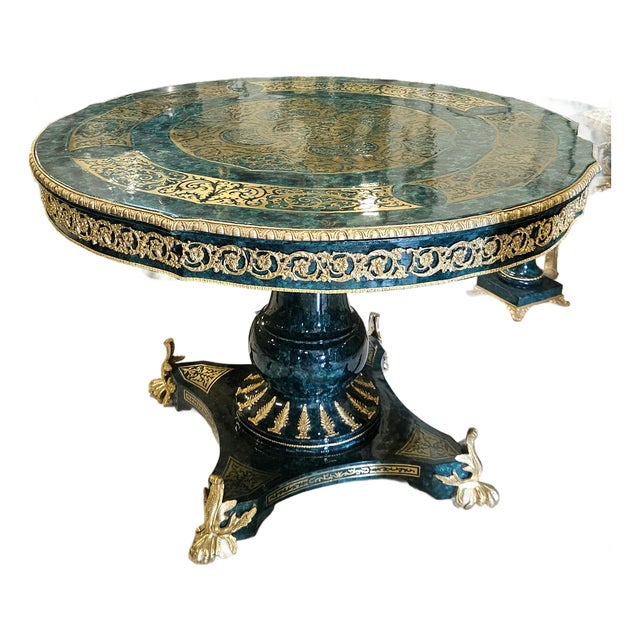 The Verdant Throne – French-Inspired Round Dining Table With Deep Green Finish & Ornate Gold Leaf Details For Sale