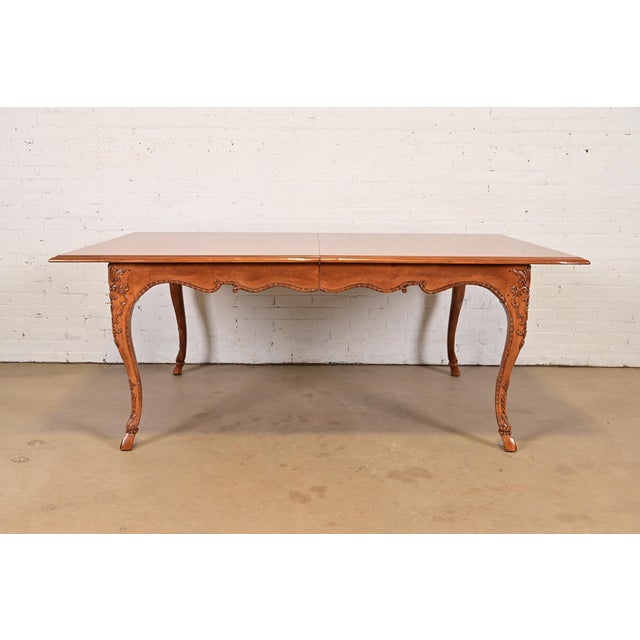 Wood Baker Furniture Italian Provincial Carved Cherry and Burl Wood Extension Dining Table, Newly Refinished For Sale - Image 7 of 17