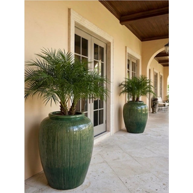 A Pair of Large Mid-Century Modern Ribbed Green Glazed Ceramic Ovoid Planters For Sale - Image 9 of 12