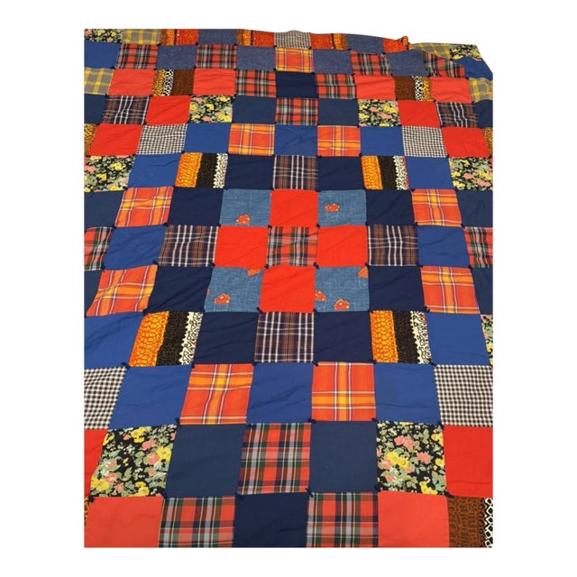Vintage 70s Handmade Tied Patchwork Quilt Navy Blue 96x73” Full For Sale