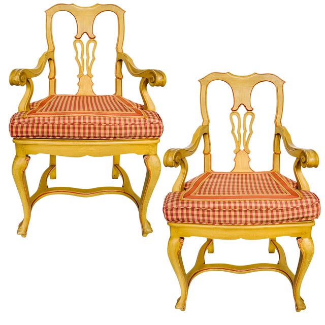 Pair of early 20th century Venetian Rococo side chairs / armchairs in solid wood with a hand-painted Tuscan yellow finish...