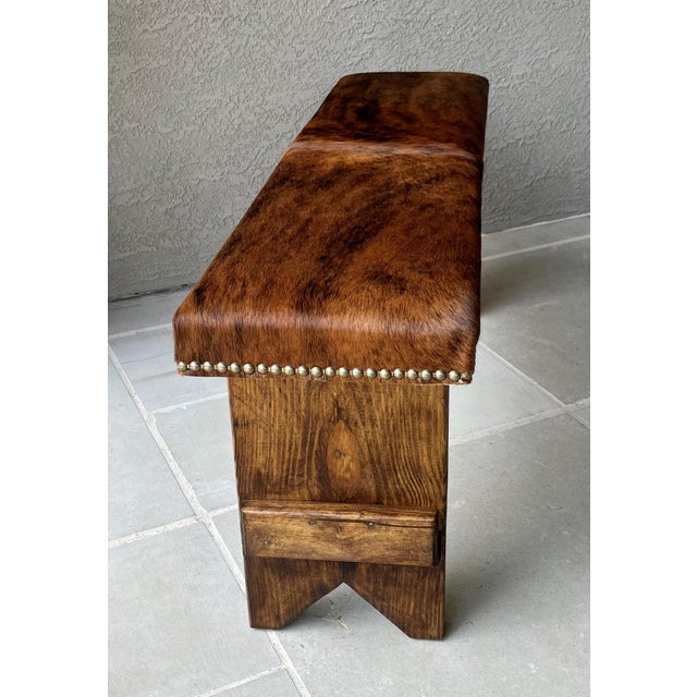 Wood Circa 2000 Western Chic Hair-on-Hide Ranch-Style Accent Bench With Brass Nailhead Trim For Sale - Image 7 of 18