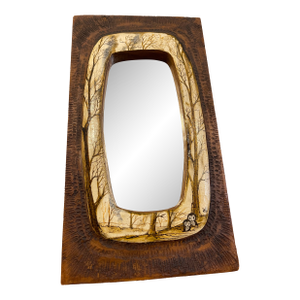 1960s Rectangular Mirror in Wood and Talosel Representing Two Owls in the Forest, France