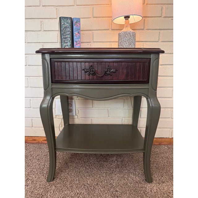 Vintage Dixie Side Table | Refinished Solid Wood Accent Table in Olive Green & Mahogany For Sale - Image 9 of 9