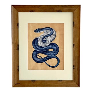 Original Hand-Painted Snake Painting in a Pine Wood Frame For Sale