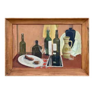 Mid 20th Century Bottles & Sausage Oil on Board Still Life Painting For Sale