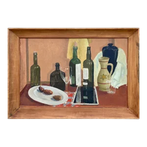Mid 20th Century Bottles & Sausage Oil on Board Still Life Painting