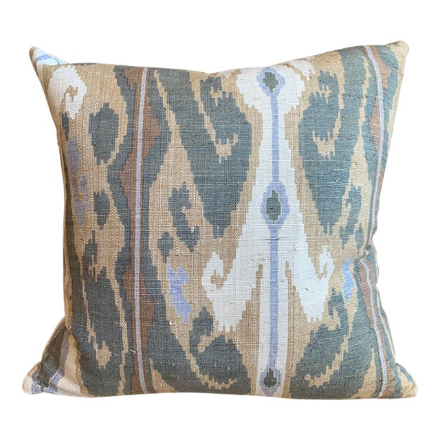 Ikat Raw Silk Square Decorative Pillow in Green, Tan For Sale