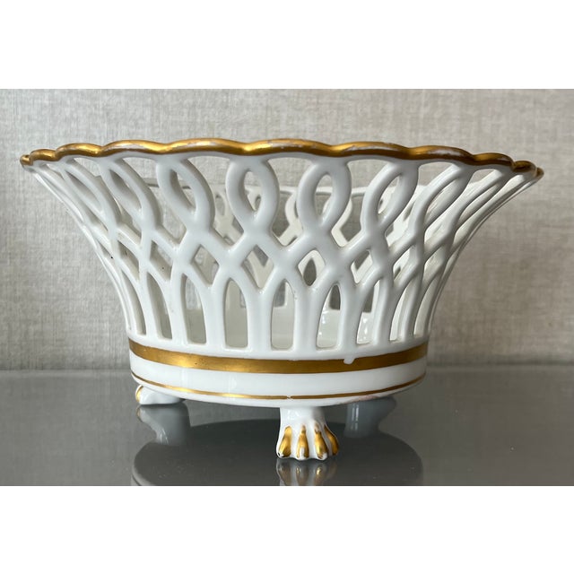Antique 19th Century French Empire Paris Porcelain Gold & White Basket or Corbeille With Lion Paw Feet For Sale - Image 4 of 13