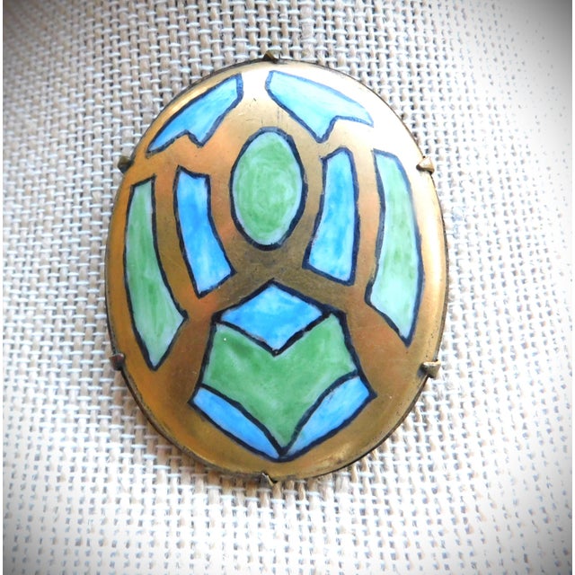 Aqua Art Deco Geometric Hand-Painted Limoges Porcelain Blue, Green, Gold Oval Brooch Pin, C. 1920 For Sale - Image 8 of 8