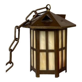 Antique Arts & Crafts Copper & Slag Glass Hanging Pendent Light For Sale