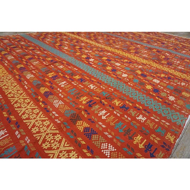 Red Outstanding Red Background Color With Yellow-Blue Stripe Geometric Design Antique European Swedish Flat-Weave For Sale - Image 8 of 13