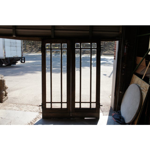 Mid 20th Century Set of 2 Reclaimed Mid-Century Oak Mission Craftsman Beveled Glass French Swing Double Doors For Sale - Image 5 of 12