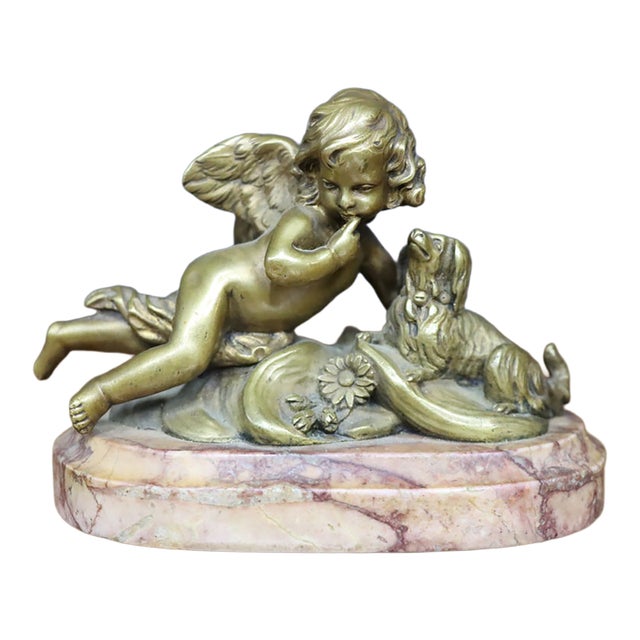 19th Century French Bronze Cherub With Dog on Marble Base, Circa 1860 For Sale