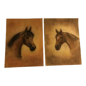 Vintage Equestrian Horses Pastel Chalk Drawings - a Pair